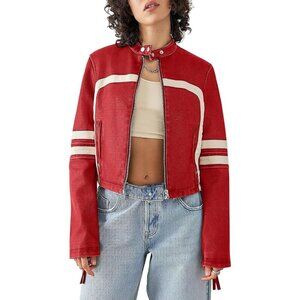 Women Red Faux Leather Zip Up Cropped Jacket Stand Collar Moto Coat